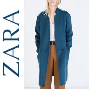 ZARA Teal Blue Wool Blend Longline Hand Made Dress‎ Coat, Size Medium